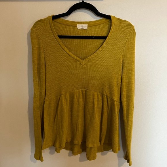 Anthropologie Gold V-Neck Longsleeve Fit and Flare Top - Picture 1 of 2